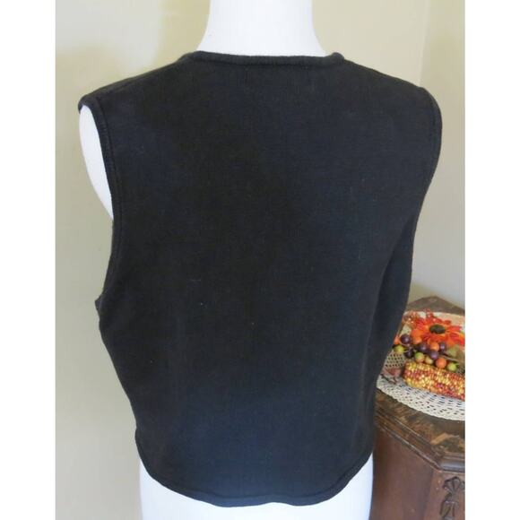 VINTAGE JOAN LESLIE Sweater Vest Size L Women Black with Red White Cottage - Picture 2 of 5